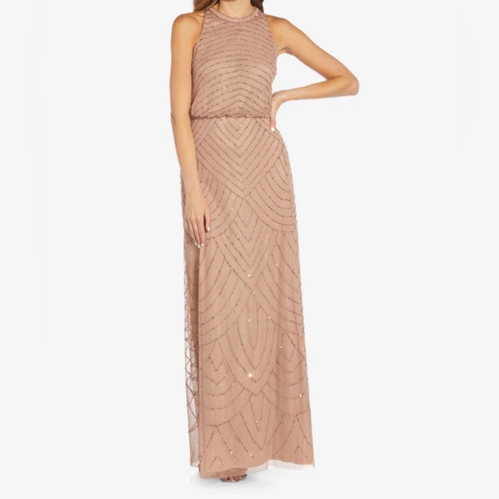 COPY - ART DECO BEADED BLOUSON DRESS WITH HALTER NECKLINE IN ROSE GOLD
